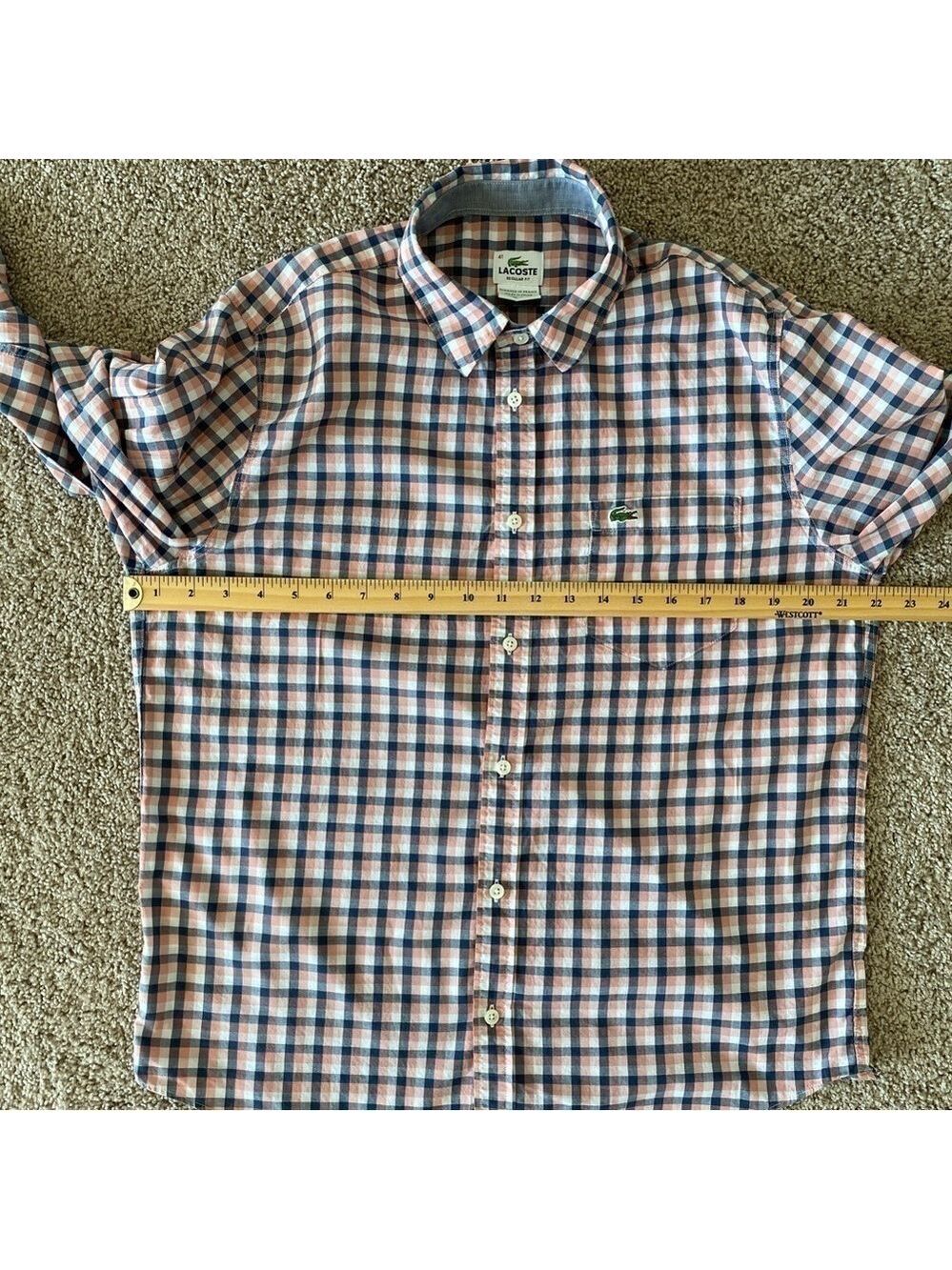 Lacoste Regular Fit Long Sleeve Lightweight Button Shirt Gingham Sz 41 (M-L) - Picture 8 of 11